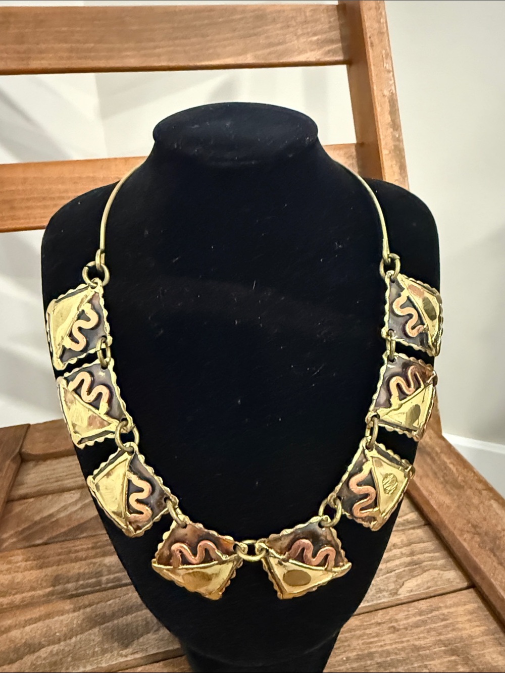 Vintage Brutalist Brass Copper Abstract Geometric Statement Collar Necklace MCM